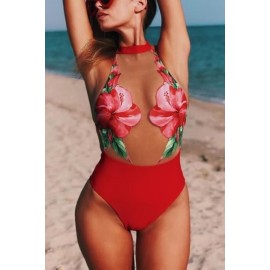 Red Floral Mesh Padded Halter High Cut Sexy Monokini Swimsuit