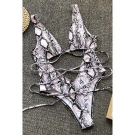 White Snakeskin Strappy Plunging Padded High Cut Sexy Monokini