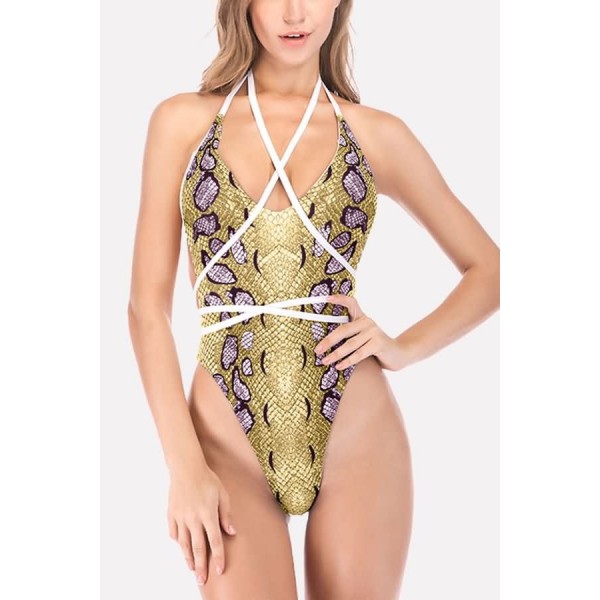 Yellow Snakeskin Plunging Strappy Backless High Cut Sexy Swimsuit 
