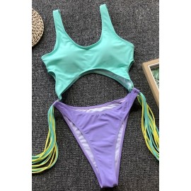 Green Cutout Fringe Padded High Cut Sexy Monokini Swimsuit