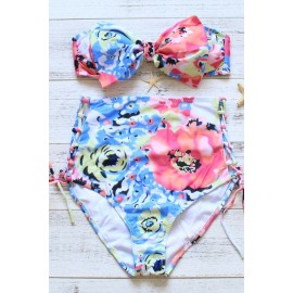 Floral Printed Lace Up Bandeau High Waist Swimsuit