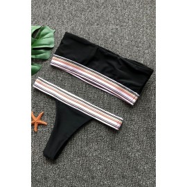 Black Contrast Stripe Bandeau Skimpy Thong Sexy Bikini