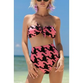 Pink Geometric Print Knotted Bandeau High Waist Sexy Bikini Swimsuit