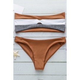 Brown Ribbed Color Block Stripe Cutout Bandeau Sexy Bikini