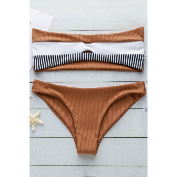 Brown Ribbed Color Block Stripe Cutout Bandeau Sexy Bikini 