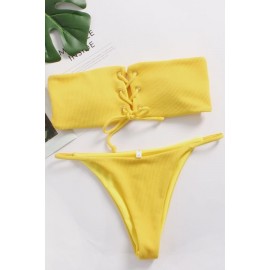 Lace Up Padded Bandeau Skimpy Thong Sexy Bikini