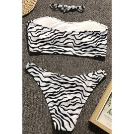 White Zebra Print Cutout Bandeau High Cut Sexy Bikini