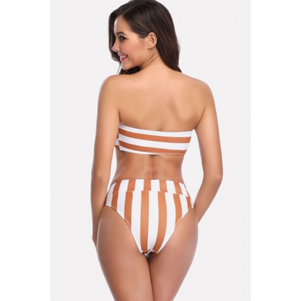 Camel Stripe Bandeau Padded Brazilian Bikini Swimsuit 