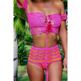 Hot-pink Lace Up Crochet Sexy Bikini Bra