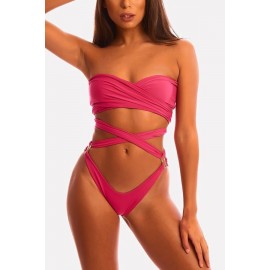 Hot-pink Strappy Wrap Strapless High Cut Sexy Bikini