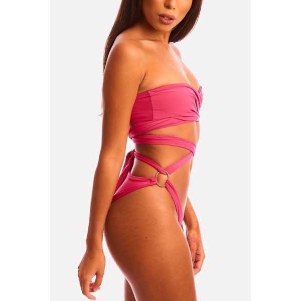 Hot-pink Strappy Wrap Strapless High Cut Sexy Bikini 