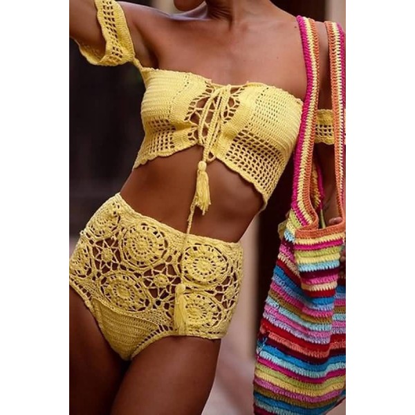 Yellow Lace Up Crochet Sexy Bikini Bra 