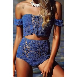 Blue Lace Up Crochet Sexy Bikini Bra