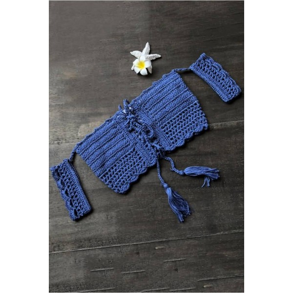 Blue Lace Up Crochet Sexy Bikini Bra 