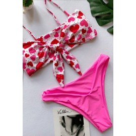 Hot-pink Heart Print Knotted Padded Cheeky High Cut Sexy Bikini