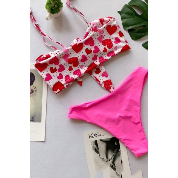 Hot-pink Heart Print Knotted Padded Cheeky High Cut Sexy Bikini 