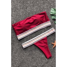 Dark-red Contrast Stripe Bandeau Skimpy Thong Sexy Bikini