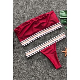 Dark-red Contrast Stripe Bandeau Skimpy Thong Sexy Bikini