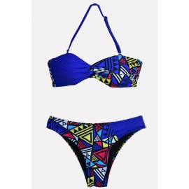 Blue Geometric Print Halter Bandeau Twisted Sexy Bikini