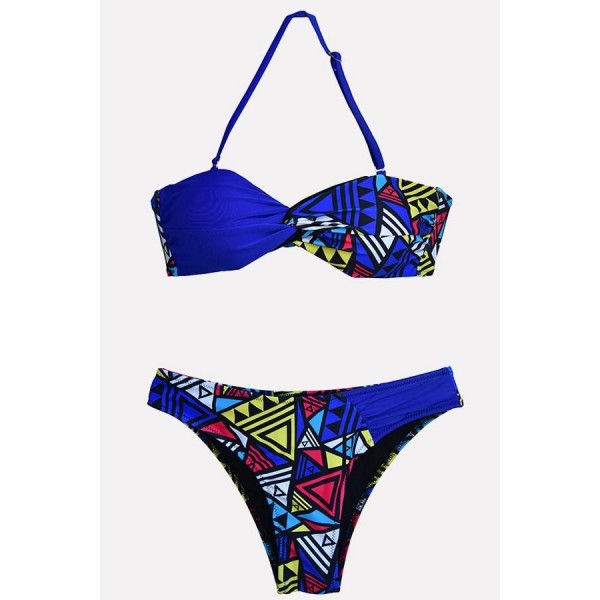 Blue Geometric Print Halter Bandeau Twisted Sexy Bikini 