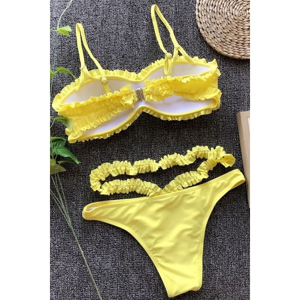 Yellow Ruffles Trim Cutout Padded High Cut Cheeky Sexy Bikini 