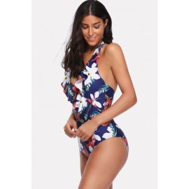Dark-blue Floral Ruffles Halter Backless Sexy One Piece Swimsuit
