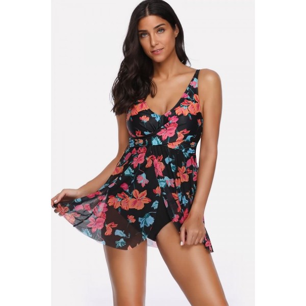 Black Floral Print Mesh Overlay Slit Sexy One Piece Swimsuit 