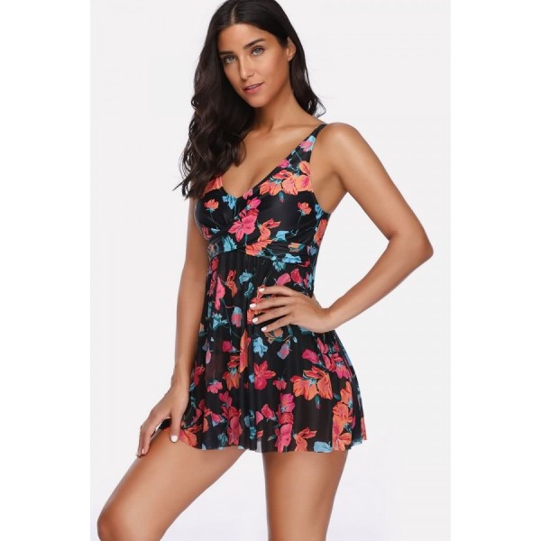 Black Floral Print Mesh Overlay Slit Sexy One Piece Swimsuit 