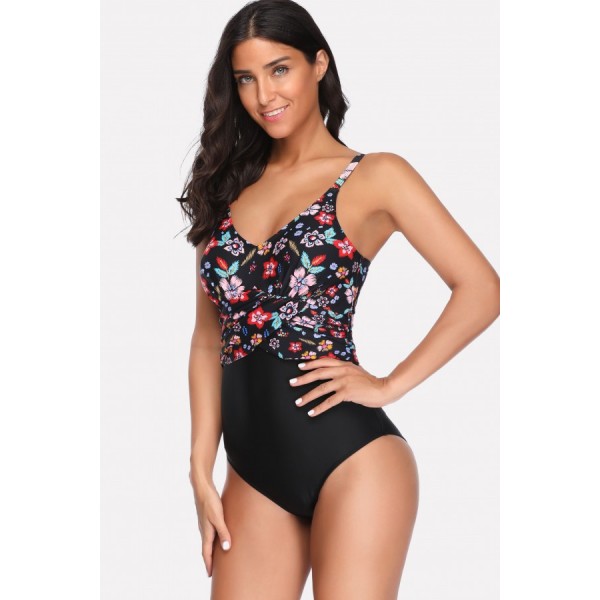 Black Floral Print Splicing Sexy One Piece Swimsuit 