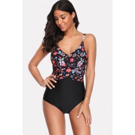 Black Floral Print Splicing Sexy One Piece Swimsuit
