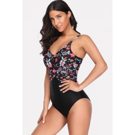 Black Floral Print Splicing Sexy One Piece Swimsuit