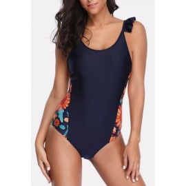 Dark-blue Floral Ruffles Trim Backless Sexy One Piece Swimsuit