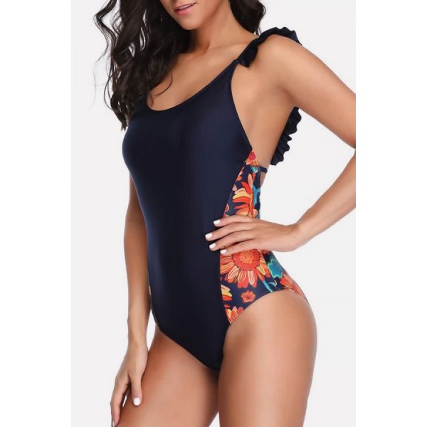 Dark-blue Floral Ruffles Trim Backless Sexy One Piece Swimsuit 