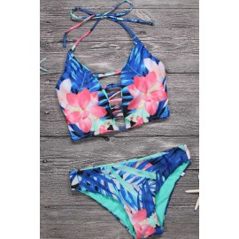 Blue Halter Floral Print Strappy Cutout Lace Up Sexy Two Piece Crop Top Bikini Swimsuit