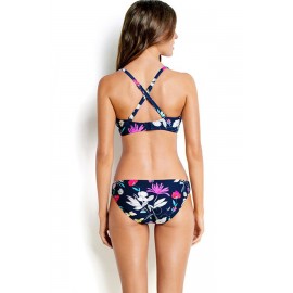 Blue Floral Print Cross Back Retro Two Piece Bikini Swimsuit