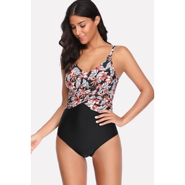 Black Floral Leaf Print Splicing Sexy One Piece Swimsuit 