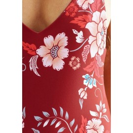 Dark-red Floral Plunging Strappy Backless High Cut Sexy One Piece Swimsuit