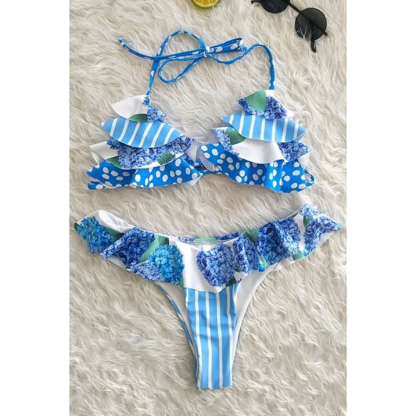Blue Floral Ruffles Triangle Halter Skimpy Cheeky Sexy Bikini 