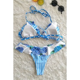 Blue Floral Ruffles Triangle Halter Skimpy Cheeky Sexy Bikini
