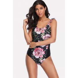 Black Floral Print Ruffles Trim Backless Sexy One Piece Swimsuit