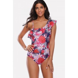 Red Floral Print Ruffles One Shoulder Sexy One Piece Swimsuit
