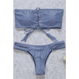 Dark Blue Gingham Print Strappy Lace Up Cutout Sexy Two Piece Bandeau Cheeky Bikini Swimsuit