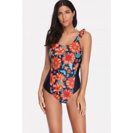 Dark-blue Floral Print Ruffles Trim Backless Sexy One Piece Swimsuit