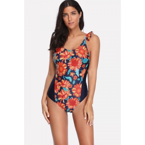 Dark-blue Floral Print Ruffles Trim Backless Sexy One Piece Swimsuit