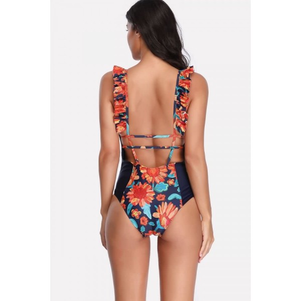 Dark-blue Floral Print Ruffles Trim Backless Sexy One Piece Swimsuit 