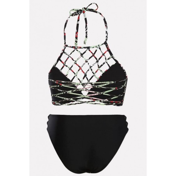 Black Floral Print Caged Strappy Halter Sexy Bikini Swimsuit 