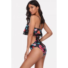 Black Floral Ruffles Lace Up Back Sexy Swimsuit