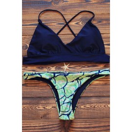 Dark Blue Printed Cross Back Reversible Bikini Swimsuit