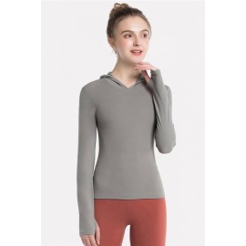 Gray Hooded Long Sleeve Yoga Sports T Shirt