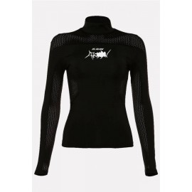 Black Printed Hollow Out High Neck Long Sleeve Sports T Shirt